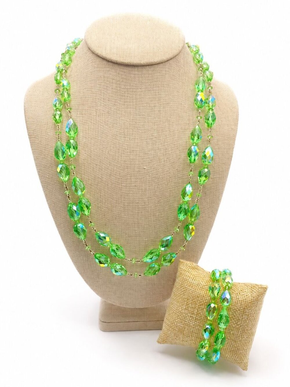 Vendome Lime Green Aurora Borealis Crystal Double Strand Necklace & Bracelet Set